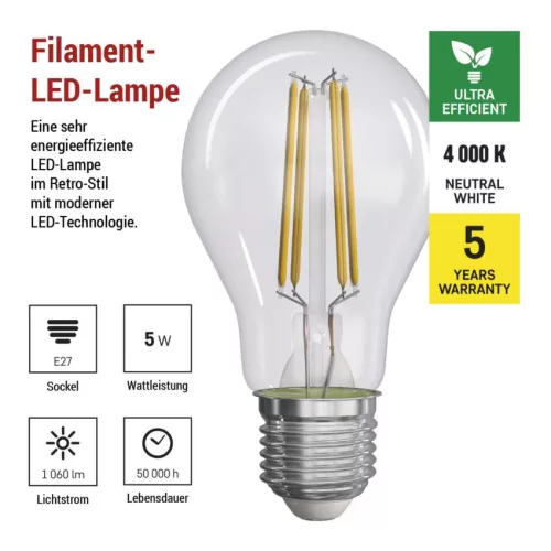 EMOS ZF5158, LED izzó Filament A60 / E27 / 5 W (75 W) / 1 060 lm / természetes fehér