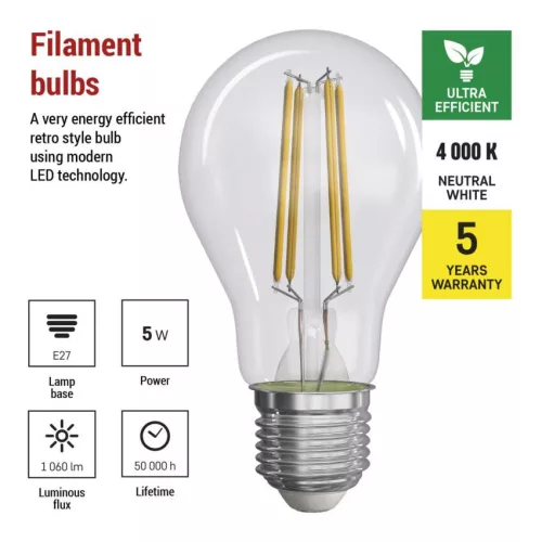 EMOS ZF5158, LED izzó Filament A60 / E27 / 5 W (75 W) / 1 060 lm / természetes fehér