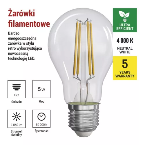 EMOS ZF5158, LED izzó Filament A60 / E27 / 5 W (75 W) / 1 060 lm / természetes fehér