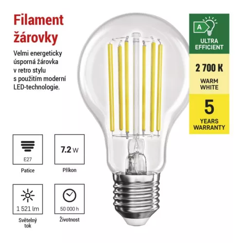 EMOS ZF5167, LED izzó Filament A60 A CLASS / E27 / 7,2 W (100 W) / 1521 lm / meleg fehér