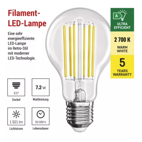 EMOS ZF5167, LED izzó Filament A60 A CLASS / E27 / 7,2 W (100 W) / 1521 lm / meleg fehér