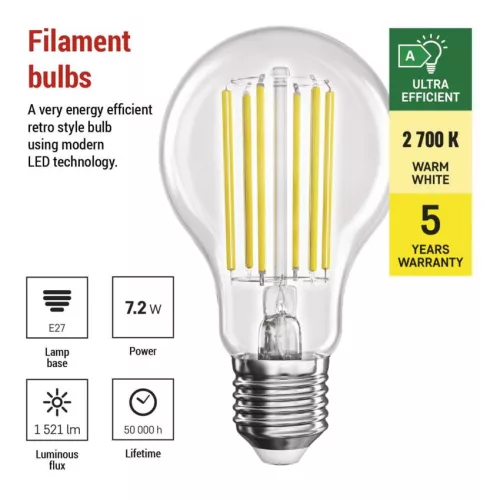 EMOS ZF5167, LED izzó Filament A60 A CLASS / E27 / 7,2 W (100 W) / 1521 lm / meleg fehér
