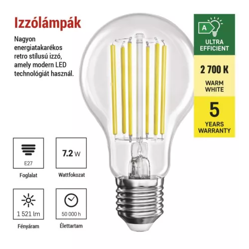 EMOS ZF5167, LED izzó Filament A60 A CLASS / E27 / 7,2 W (100 W) / 1521 lm / meleg fehér