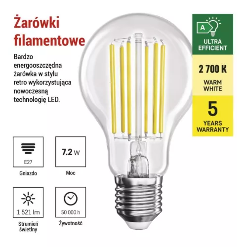 EMOS ZF5167, LED izzó Filament A60 A CLASS / E27 / 7,2 W (100 W) / 1521 lm / meleg fehér