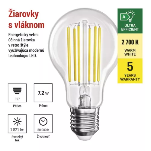 EMOS ZF5167, LED izzó Filament A60 A CLASS / E27 / 7,2 W (100 W) / 1521 lm / meleg fehér