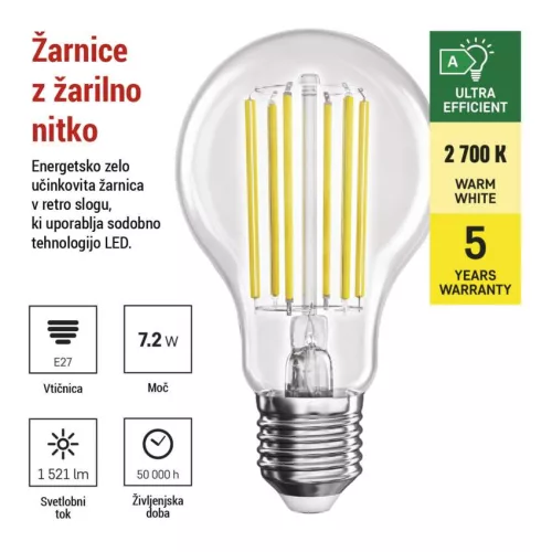 EMOS ZF5167, LED izzó Filament A60 A CLASS / E27 / 7,2 W (100 W) / 1521 lm / meleg fehér
