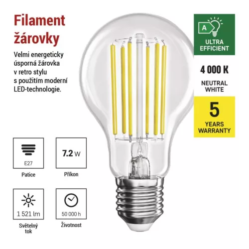 EMOS ZF5168, LED izzó Filament A60 A CLASS / E27 / 7,2 W (100 W) / 1521 lm / természetes fehér