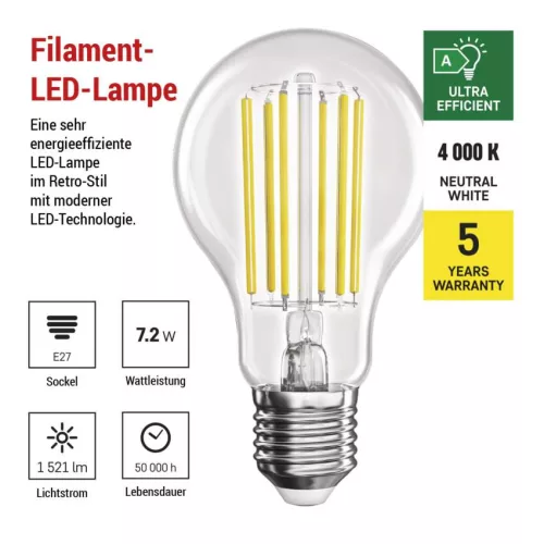 EMOS ZF5168, LED izzó Filament A60 A CLASS / E27 / 7,2 W (100 W) / 1521 lm / természetes fehér