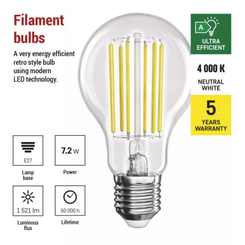 EMOS ZF5168, LED izzó Filament A60 A CLASS / E27 / 7,2 W (100 W) / 1521 lm / természetes fehér
