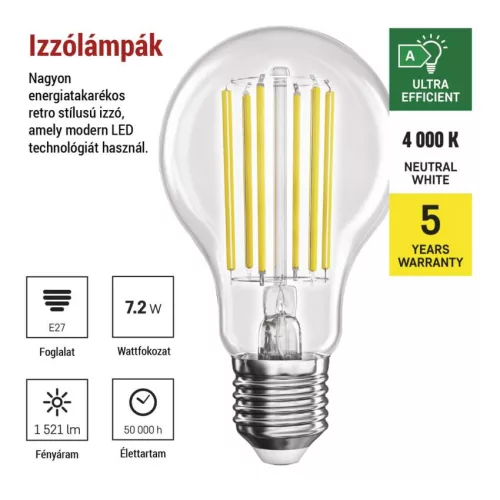 EMOS ZF5168, LED izzó Filament A60 A CLASS / E27 / 7,2 W (100 W) / 1521 lm / természetes fehér