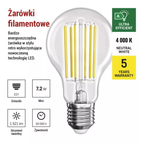 EMOS ZF5168, LED izzó Filament A60 A CLASS / E27 / 7,2 W (100 W) / 1521 lm / természetes fehér