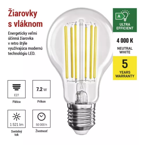 EMOS ZF5168, LED izzó Filament A60 A CLASS / E27 / 7,2 W (100 W) / 1521 lm / természetes fehér