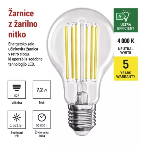 EMOS ZF5168, LED izzó Filament A60 A CLASS / E27 / 7,2 W (100 W) / 1521 lm / természetes fehér