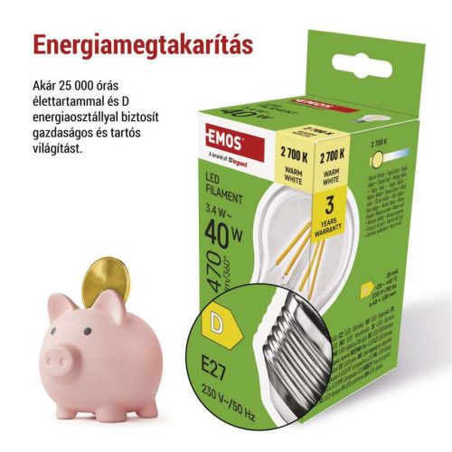 EMOS ZF5D22, LED izzó Filament A60 / E27 / 3,4 W (40 W) / 470 lm / Meleg fehér