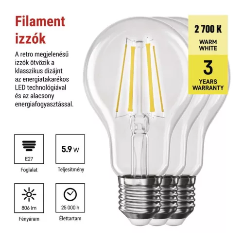 EMOS ZF5D42.3, LED izzó Filament A60 / E27 / 5,9 W (60 W) / 806 lm / Meleg fehér