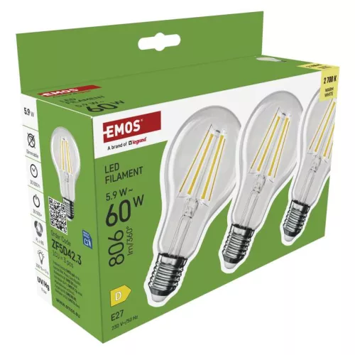 EMOS ZF5D42.3, LED izzó Filament A60 / E27 / 5,9 W (60 W) / 806 lm / Meleg fehér