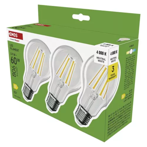EMOS ZF5D43.3, LED izzó Filament A60 / E27 / 5,9 W (60 W) / 806 lm / Természetes fehér