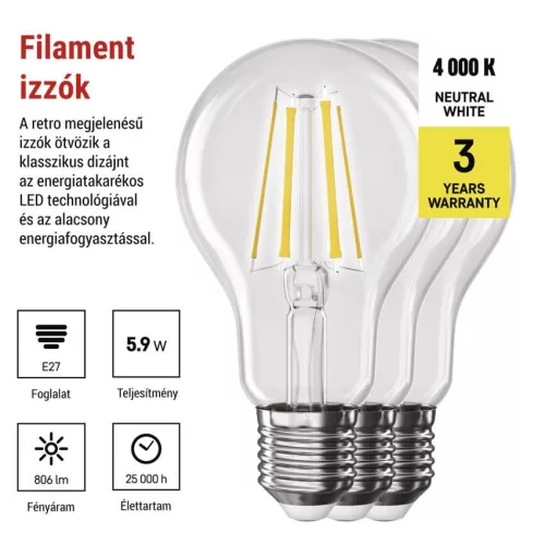 EMOS ZF5D43.3, LED izzó Filament A60 / E27 / 5,9 W (60 W) / 806 lm / Természetes fehér