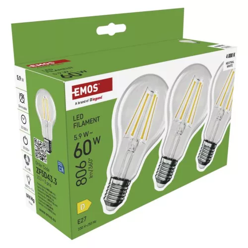 EMOS ZF5D43.3, LED izzó Filament A60 / E27 / 5,9 W (60 W) / 806 lm / Természetes fehér