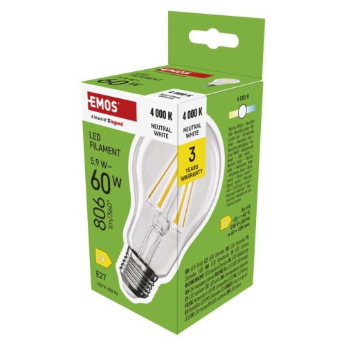 EMOS ZF5D43, LED izzó Filament A60 / E27 / 5,9 W (60 W) / 806 lm / Természetes fehér