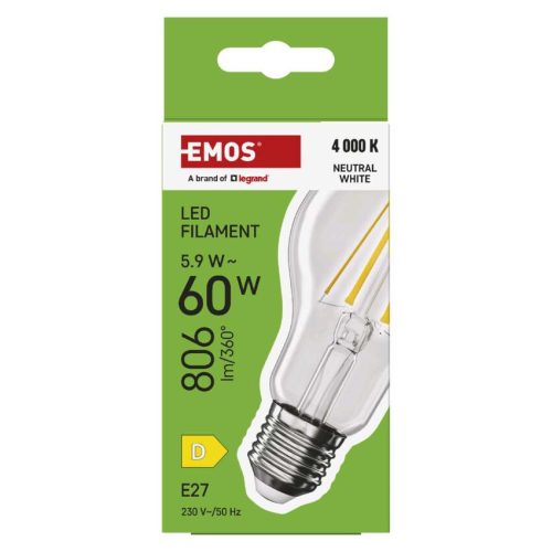 EMOS ZF5D43, LED izzó Filament A60 / E27 / 5,9 W (60 W) / 806 lm / Természetes fehér