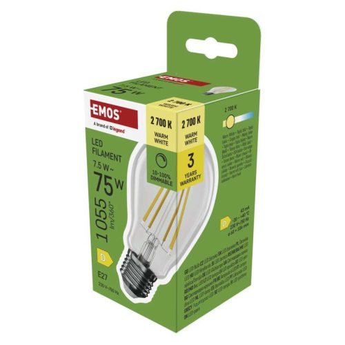 EMOS ZF5D52D, LED izzó Filament A60 / E27 / 7,5 W (75 W) / 1 055 lm / meleg fehér / dimmelhető