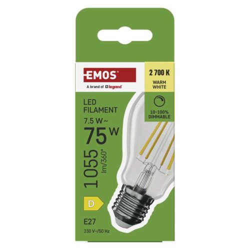 EMOS ZF5D52D, LED izzó Filament A60 / E27 / 7,5 W (75 W) / 1 055 lm / meleg fehér / dimmelhető