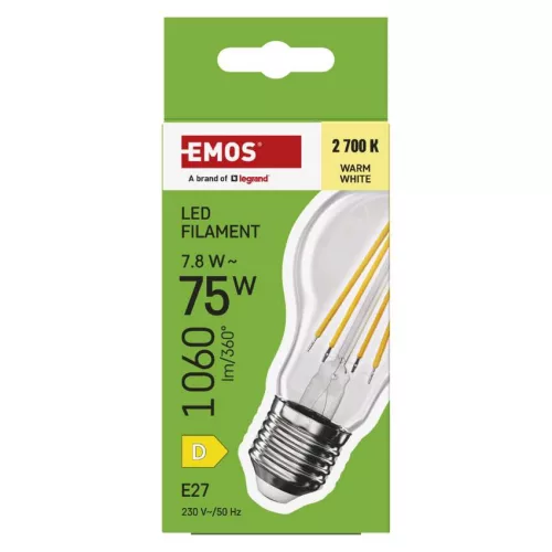 EMOS ZF5D52, LED izzó Filament A60 / E27 / 7,8 W (75 W) / 1060 lm / Meleg fehér