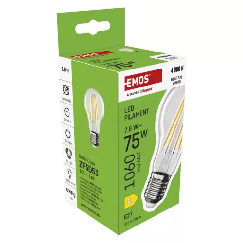EMOS ZF5D53, LED izzó Filament A60 / E27 / 7,8 W (75 W) / 1060 lm / Természetes fehér