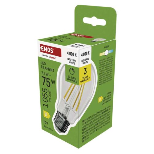 EMOS ZF5D54D, LED izzó Filament A60 / E27 / 7,5 W (75 W) / 1 055 lm / Természetes fehér / dimmelhető