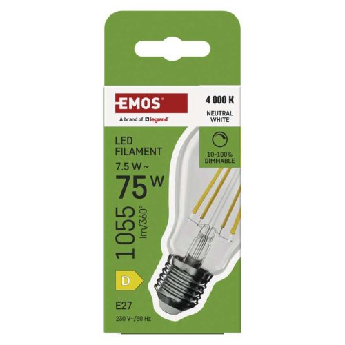 EMOS ZF5D54D, LED izzó Filament A60 / E27 / 7,5 W (75 W) / 1 055 lm / Természetes fehér / dimmelhető