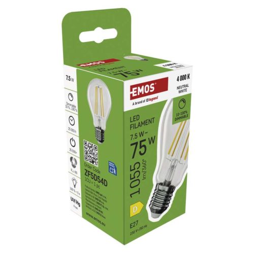 EMOS ZF5D54D, LED izzó Filament A60 / E27 / 7,5 W (75 W) / 1 055 lm / Természetes fehér / dimmelhető