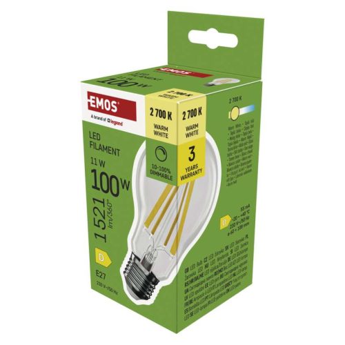 EMOS ZF5D62D, LED izzó Filament A60 / E27 / 11 W (100 W) / 1 521 lm / meleg fehér / dimmelhető