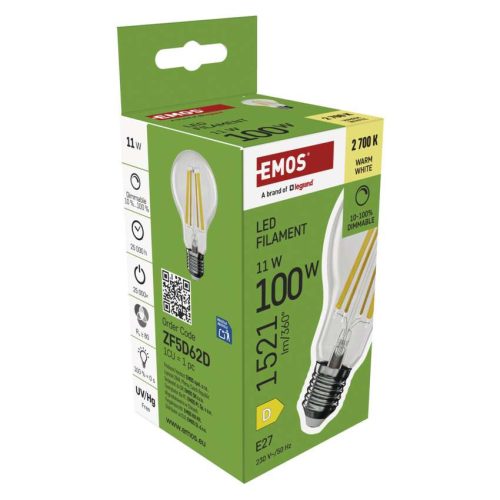 EMOS ZF5D62D, LED izzó Filament A60 / E27 / 11 W (100 W) / 1 521 lm / meleg fehér / dimmelhető