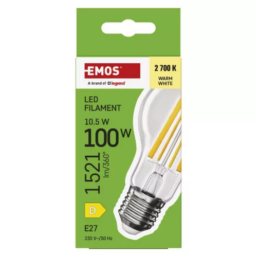 EMOS ZF5D62, LED izzó Filament A60 / E27 / 10,5 W (100 W) / 1521 lm / Meleg fehér