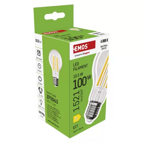 EMOS ZF5D63, LED izzó Filament A60 / E27 / 10,5 W (100 W) / 1521 lm / Természetes fehér