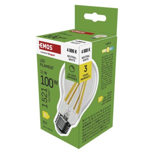 EMOS ZF5D64D, LED izzó Filament A60 / E27 / 11 W (100 W) / 1 521 lm / Természetes fehér / dimmelhető