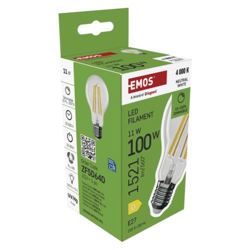 EMOS ZF5D64D, LED izzó Filament A60 / E27 / 11 W (100 W) / 1 521 lm / Természetes fehér / dimmelhető