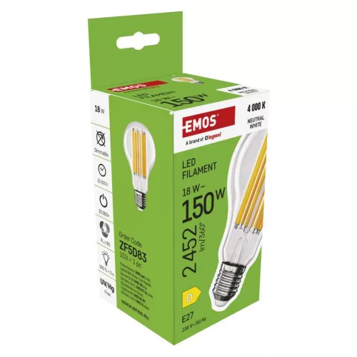 EMOS ZF5D83, LED izzó Filament A70 / E27 / 18 W (150 W) / 2452 lm / Természetes fehér