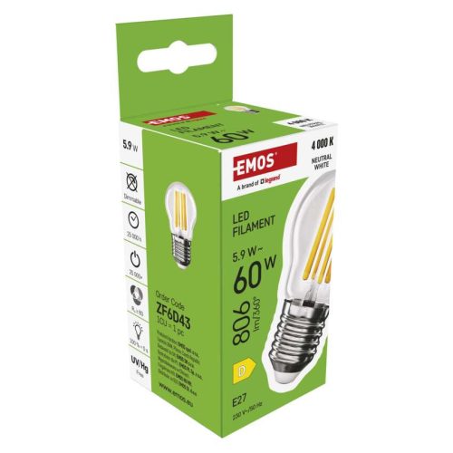EMOS ZF6D43, LED izzó Filament Mini Globe / E27 / 5,9 W (60 W) / 806 lm / Természetes fehér