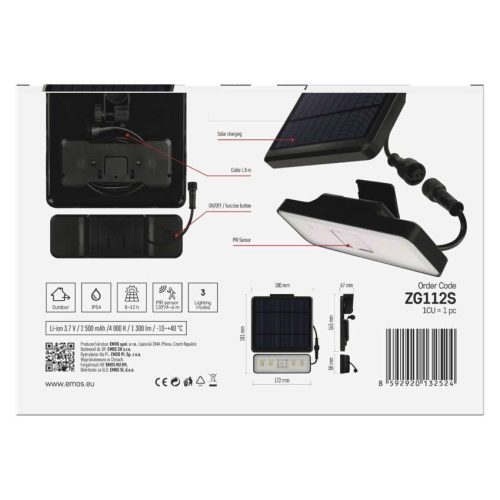 EMOS ZG112S, LED SOLAR reflektor hordozható SUNNO, PIR, 1300lm IP54 természetes fehér