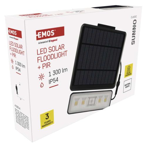 EMOS ZG112S, LED SOLAR reflektor hordozható SUNNO, PIR, 1300lm IP54 természetes fehér