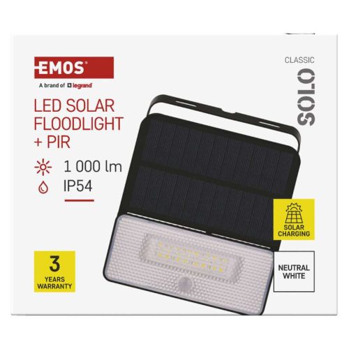 EMOS ZG121S, LED SOLAR reflektor hordozható SOLO, PIR, 1000lm IP54 természetes fehér