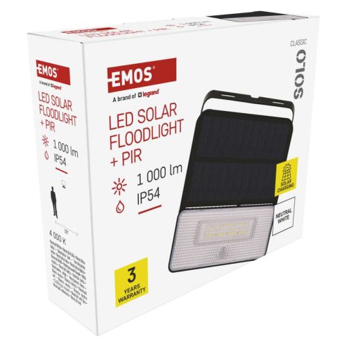 EMOS ZG121S, LED SOLAR reflektor hordozható SOLO, PIR, 1000lm IP54 természetes fehér