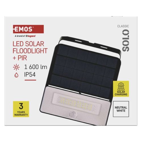 EMOS ZG122S, LED SOLAR reflektor hordozható SOLO, PIR, 1600lm IP54 természetes fehér