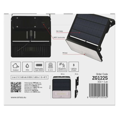 EMOS ZG122S, LED SOLAR reflektor hordozható SOLO, PIR, 1600lm IP54 természetes fehér