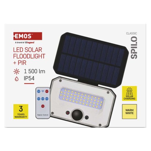 EMOS ZG131S, LED SOLAR reflektor hordozható SPILO, PIR, 1500lm IP54 meleg fehér