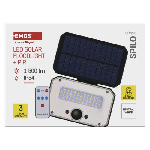 EMOS ZG132S, LED SOLAR reflektor hordozható SPILO, PIR,  1500lm IP54 természetes fehér