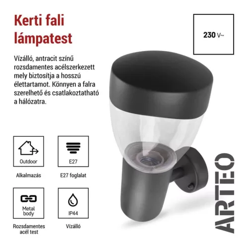 EMOS ZGA010P, LED kerti fali lámpa, 16,4 x 12 x 23 cm, 1 x E27, 15 W
