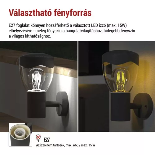 EMOS ZGA010P, LED kerti fali lámpa, 16,4 x 12 x 23 cm, 1 x E27, 15 W